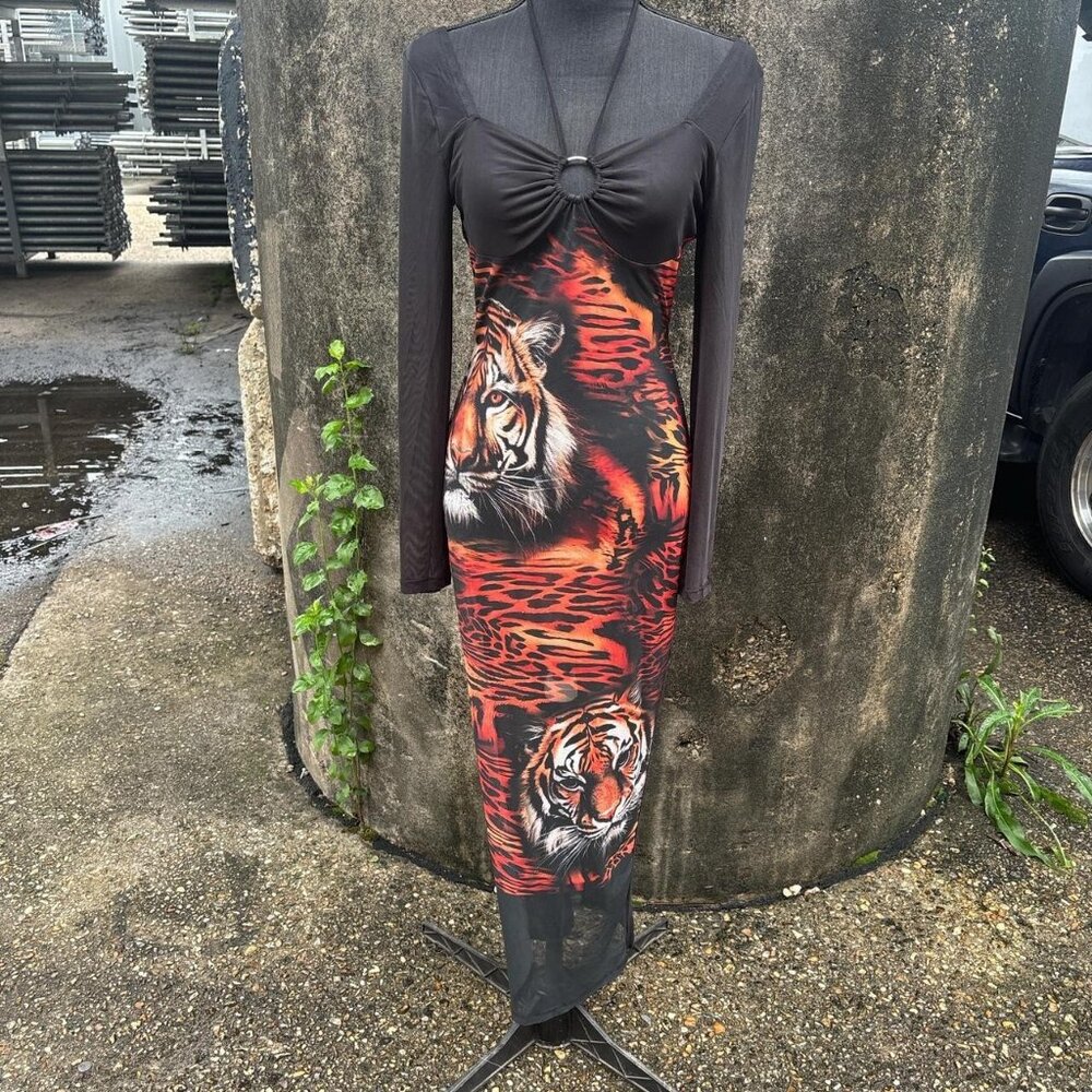 Sheer Mesh Tiger Print Maxi Dress Womens 6 Animal Print Clubwear Rave